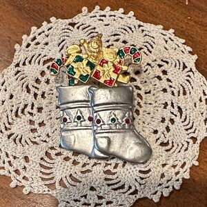 Festive Silver Boots Brooch with Holiday Accents